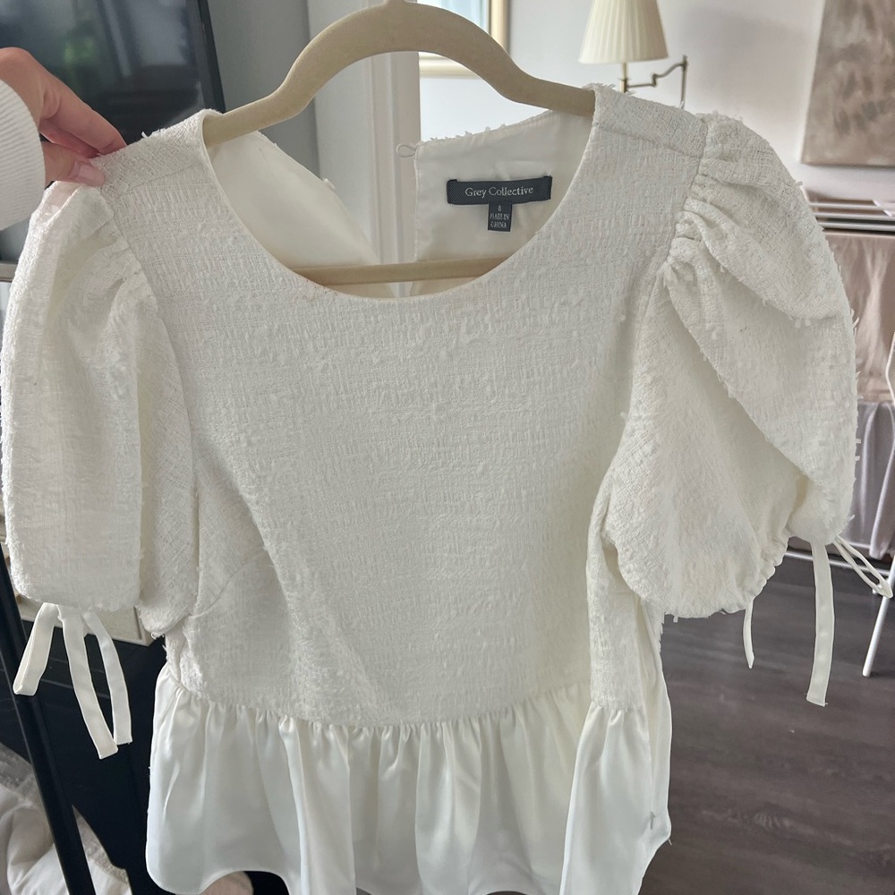 White Textured Puff Sleeve Blouse
